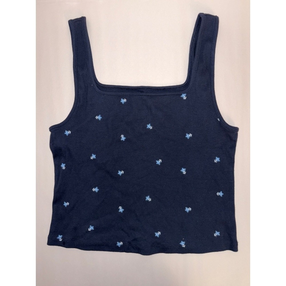 Old Navy Ultra Crop Tank Top Womens L Navy Blue Ribbed Floral Country Cottage